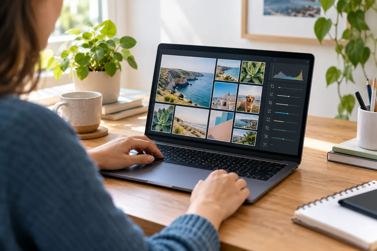 Website-eigenaar controleert een raster met afbeeldingen op een laptop