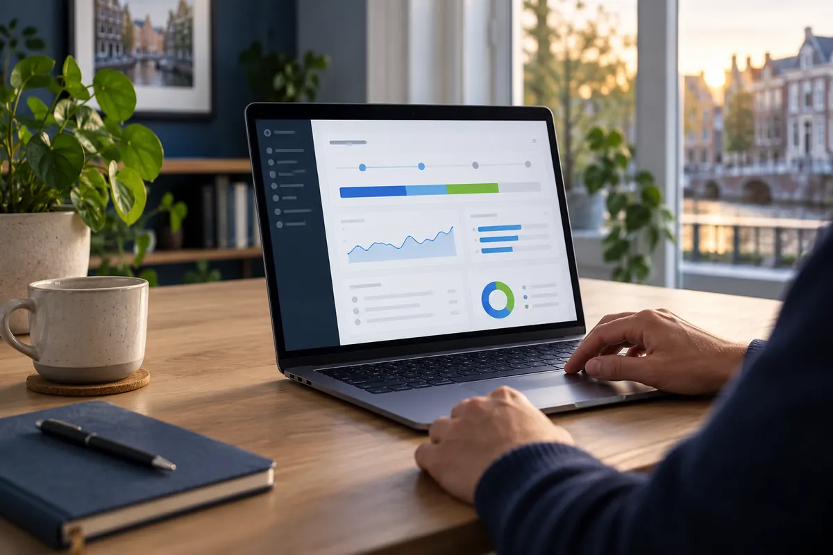 Laptop met een abstract dashboard tijdens het onderzoeken van een trage website