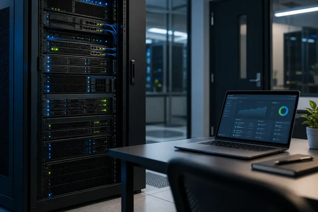 Serverrack naast een laptop met een abstract website-dashboard