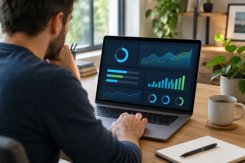 Website-eigenaar bekijkt een prestatiedashboard op een laptop aan een bureau
